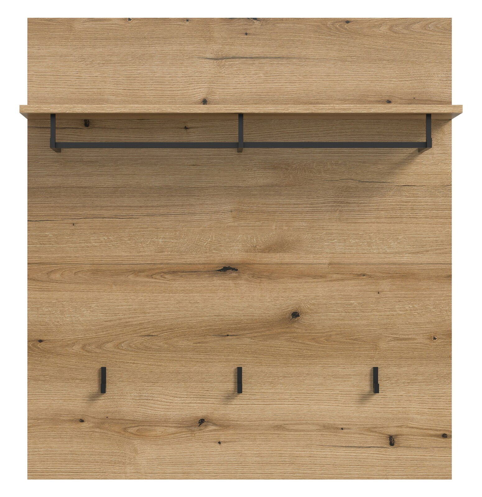 Holzpaneel mit Ablage und Haken, frontale Ansicht