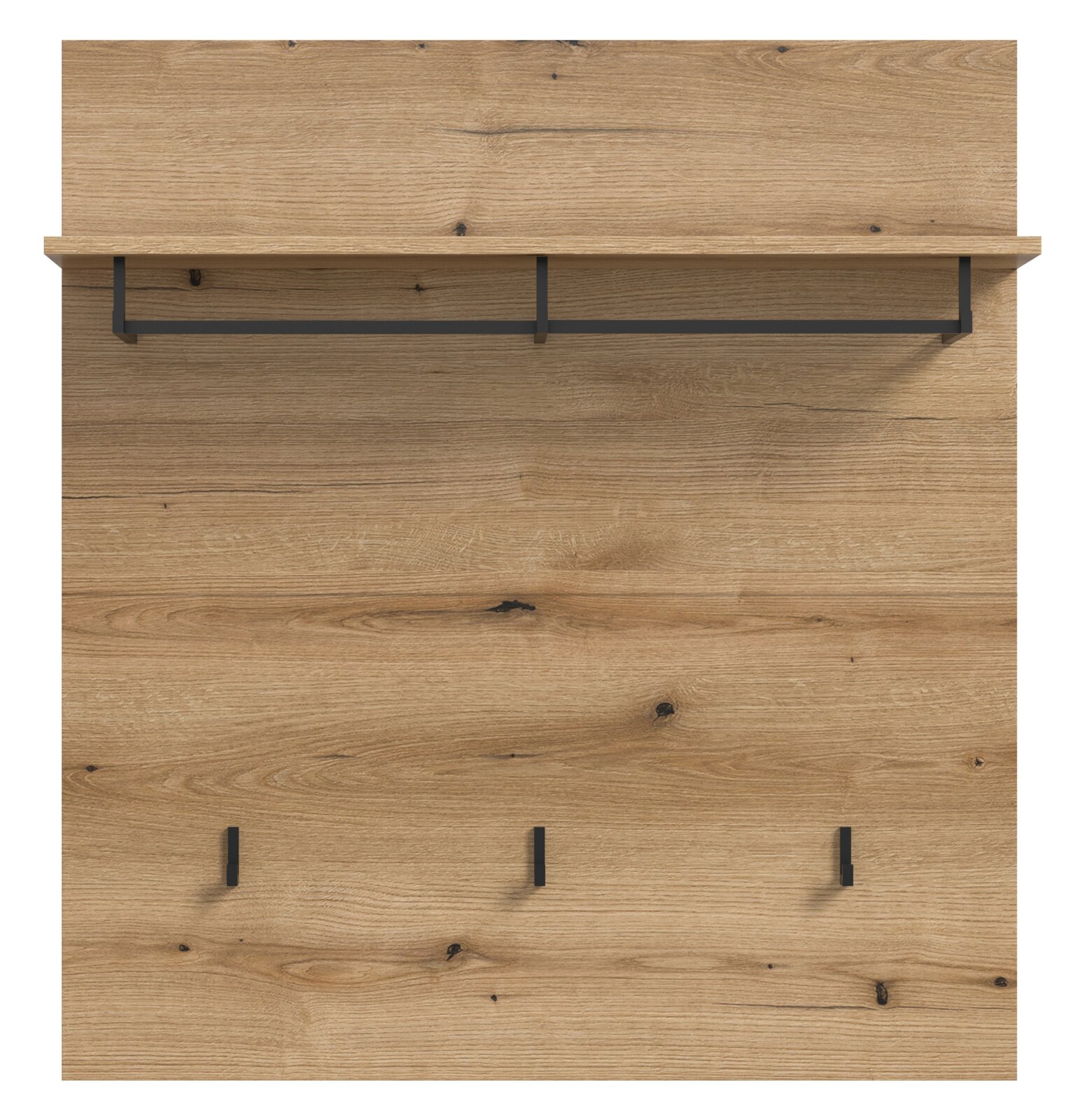 Holzpaneel mit Ablage und Haken, frontale Ansicht