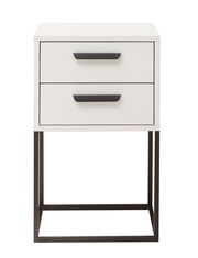 Moderne Nachtkommode mit zwei Schubladen, weißem Korpus und schwarzen Griffen, auf einem schwarzen Metallgestell, Frontalansicht.