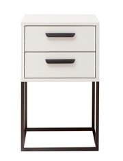 Moderne Nachtkommode mit zwei Schubladen, weißem Korpus und schwarzen Griffen, auf einem schwarzen Metallgestell, Frontalansicht.