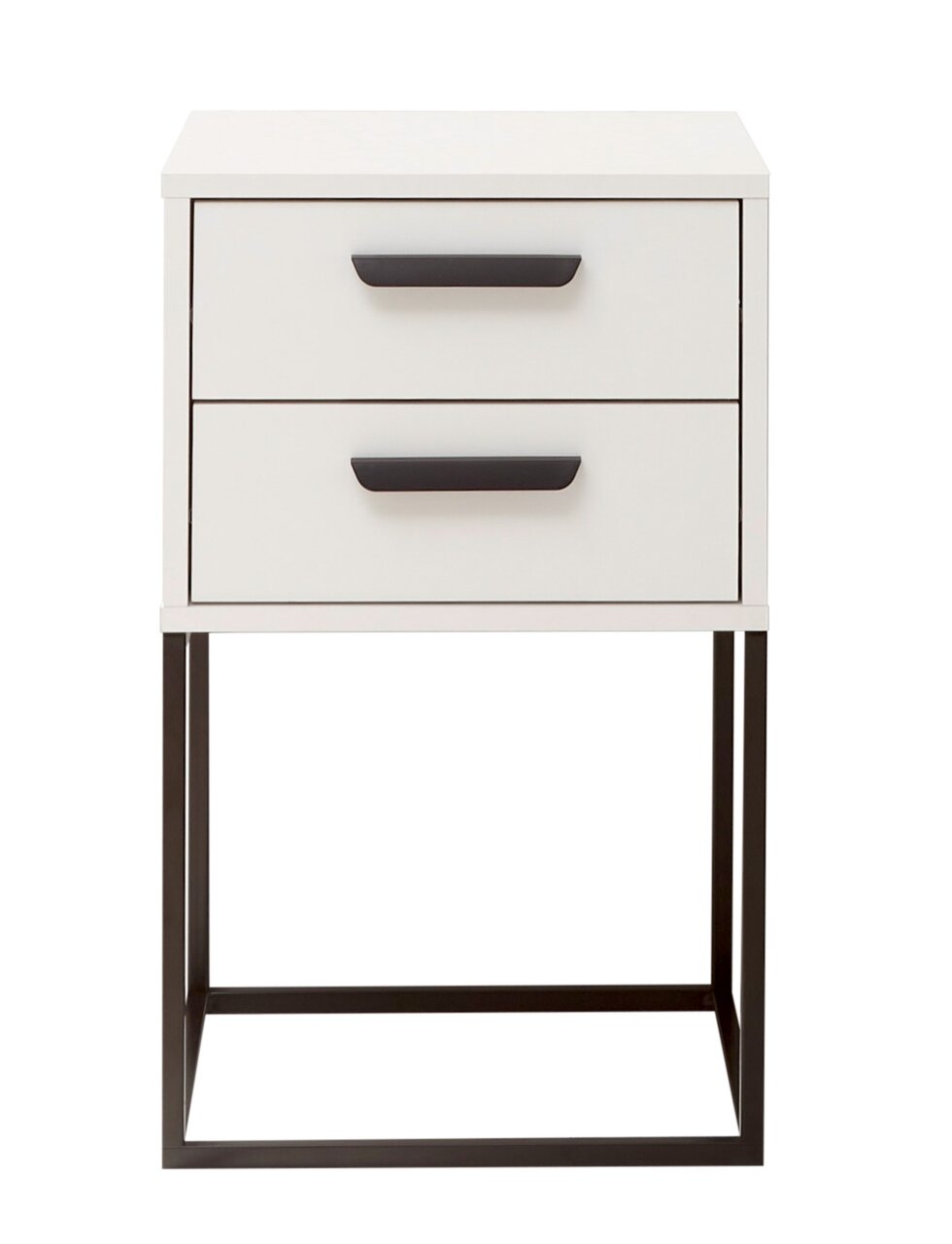 Moderne Nachtkommode mit zwei Schubladen, weißem Korpus und schwarzen Griffen, auf einem schwarzen Metallgestell, Frontalansicht.
