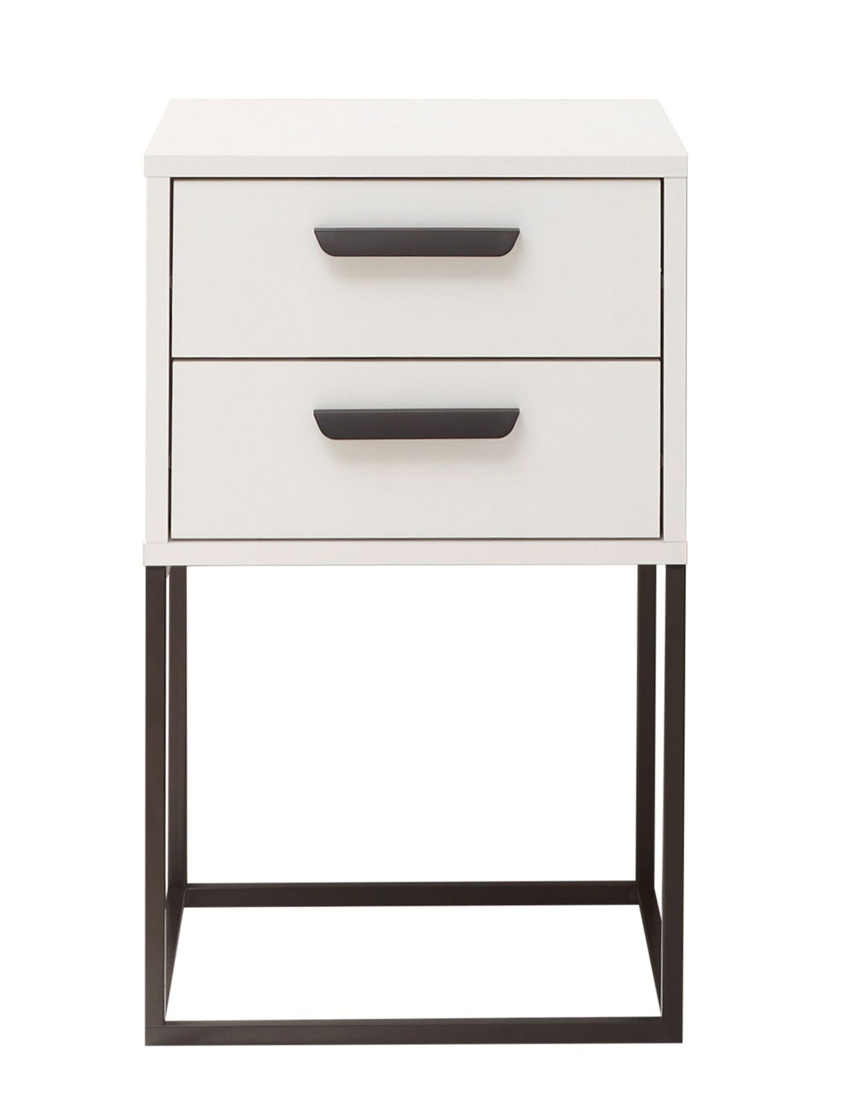 Moderne Nachtkommode mit zwei Schubladen, weißem Korpus und schwarzen Griffen, auf einem schwarzen Metallgestell, Frontalansicht.