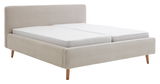 Polsterbettgestell in Beige mit gestreiftem Stoffbezug und Holzfüßen, seitliche Perspektive