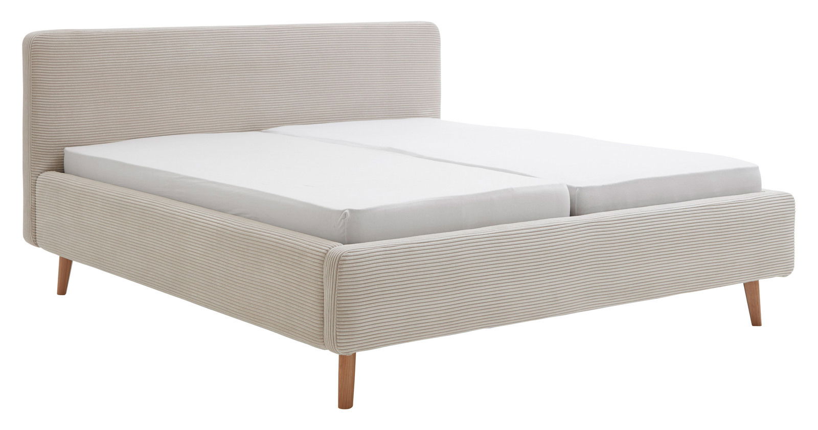 Polsterbettgestell in Beige mit gestreiftem Stoffbezug und Holzfüßen, seitliche Perspektive