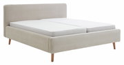 Polsterbettgestell in Beige mit gestreiftem Stoffbezug und Holzfüßen, seitliche Perspektive