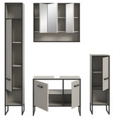 Moderne Badkombination bestehend aus einem hohen Schrank, einem Spiegelschrank und einem Unterschrank, frontal betrachtet.