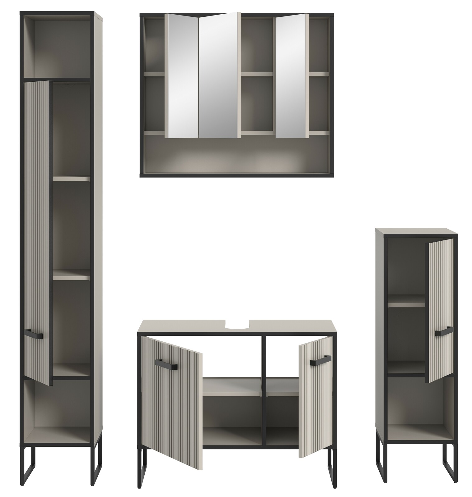 Moderne Badkombination bestehend aus einem hohen Schrank, einem Spiegelschrank und einem Unterschrank, frontal betrachtet.