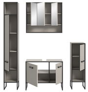 Moderne Badkombination bestehend aus einem hohen Schrank, einem Spiegelschrank und einem Unterschrank, frontal betrachtet.