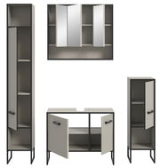 Moderne Badkombination bestehend aus einem hohen Schrank, einem Spiegelschrank und einem Unterschrank, frontal betrachtet.