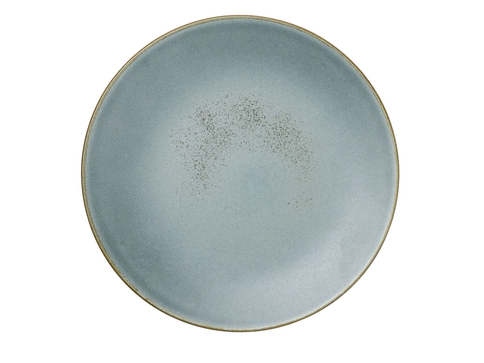 Runde, graue Keramikplatte mit feiner Sprenkelung, Draufsicht