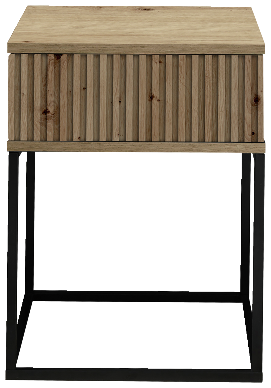 Frontansicht einer modernen Nachtkommode mit Holzoberfläche und schwarzen Metallbeinen.