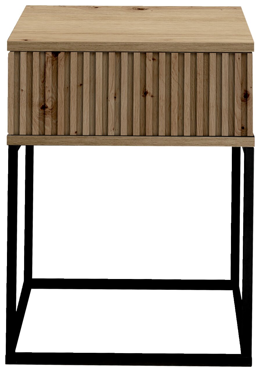 Frontansicht einer modernen Nachtkommode mit Holzoberfläche und schwarzen Metallbeinen.