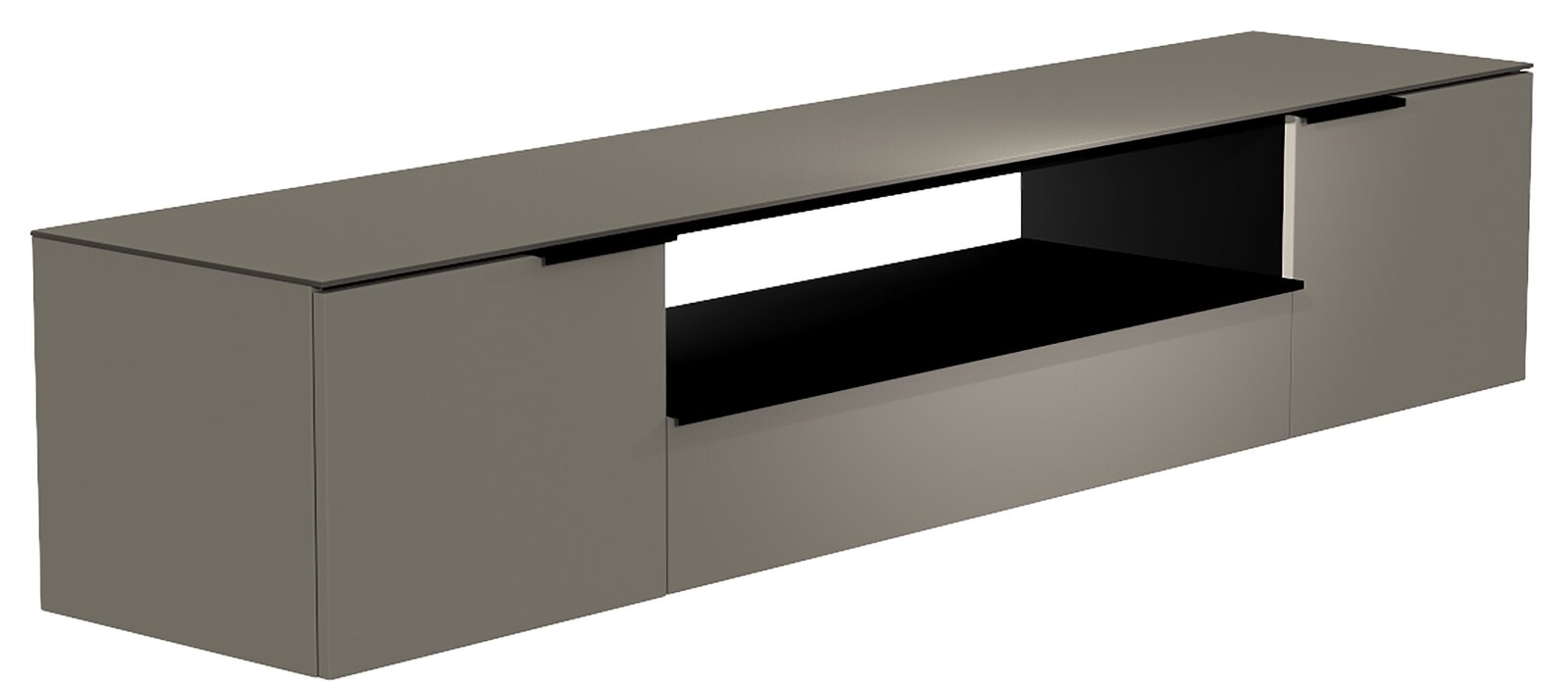 Moderano XL Hänge-Lowboard BORMIO Moderano XL Hänge-Lowboard Serie BORMIO in seitlicher Perspektive, modernes Design in dunkler Farbe mit offenen und geschlossenen Fächern.