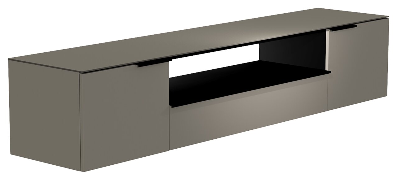 Moderano XL Hänge-Lowboard Serie BORMIO in seitlicher Perspektive, modernes Design in dunkler Farbe mit offenen und geschlossenen Fächern.