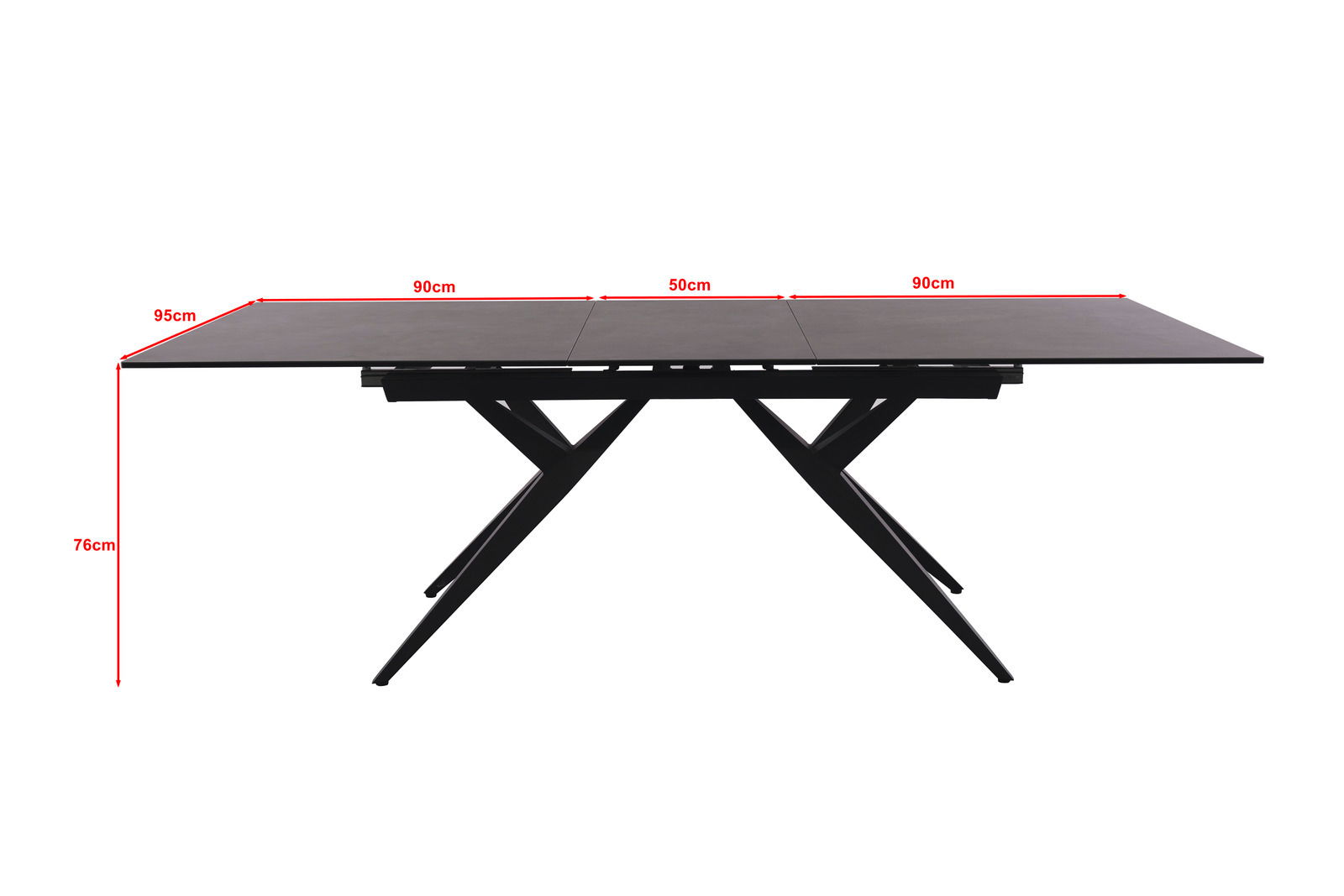 Moderner Esstisch mit schwarzem Gestell und ausziehbarer Tischplatte, seitliche Perspektive