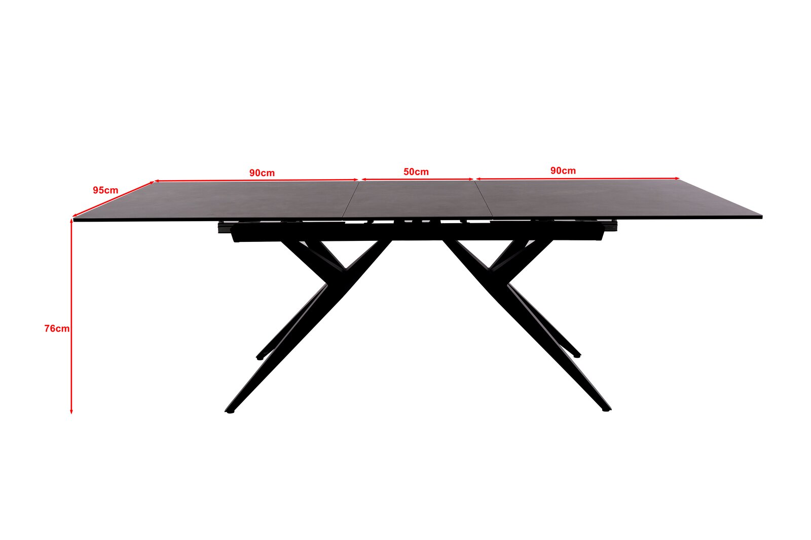 Moderner Esstisch mit schwarzem Gestell und ausziehbarer Tischplatte, seitliche Perspektive