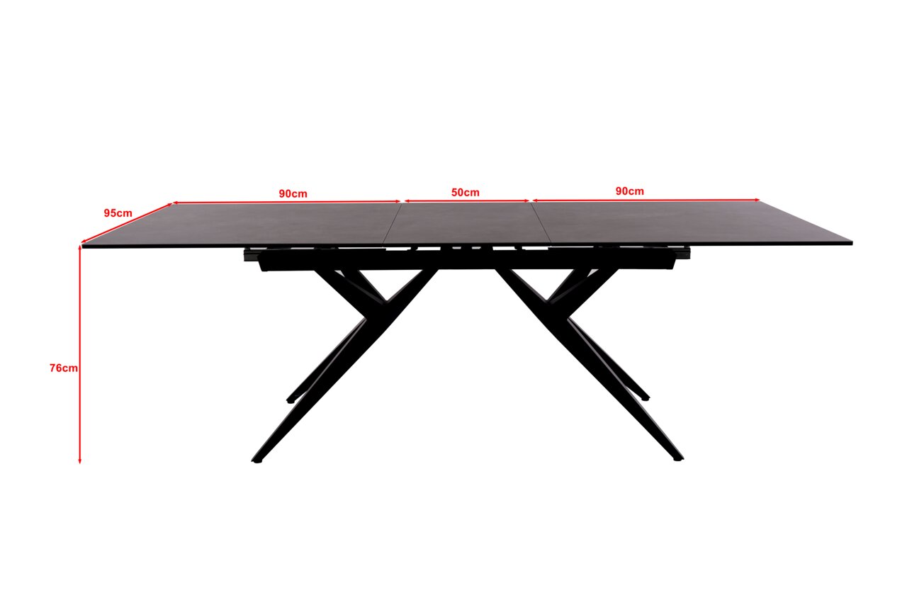 Moderner Esstisch mit schwarzem Gestell und ausziehbarer Tischplatte, seitliche Perspektive
