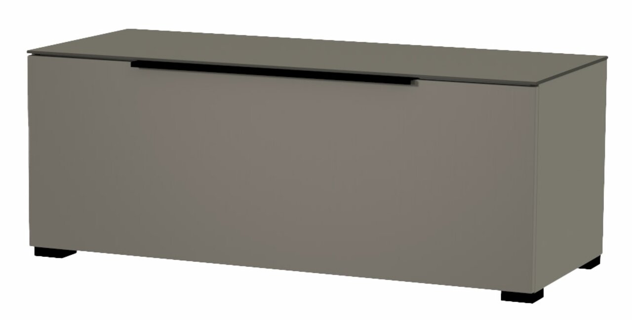 TV-Lowboard in grauer Farbe, rechteckige Form mit glatter Oberfläche, Frontansicht