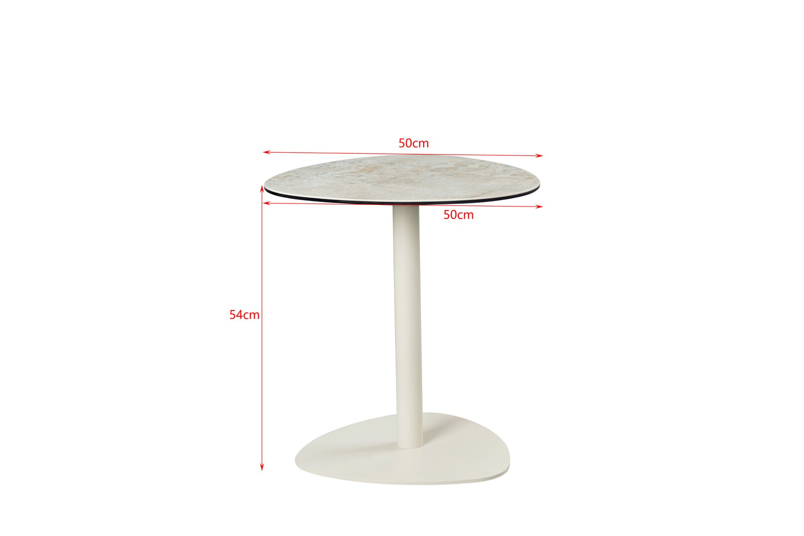 Moderner Beistelltisch mit runder Tischplatte und schlankem, zentralem Standfuß, seitliche Perspektive.