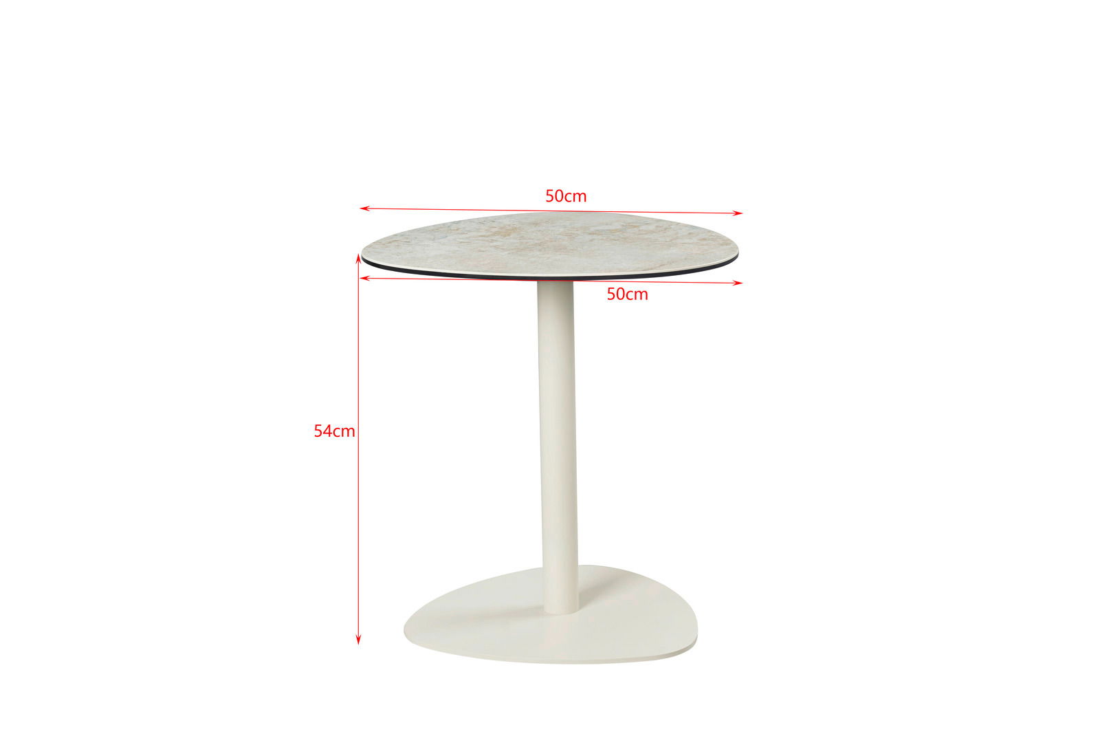Moderner Beistelltisch mit runder Tischplatte und schlankem, zentralem Standfuß, seitliche Perspektive.