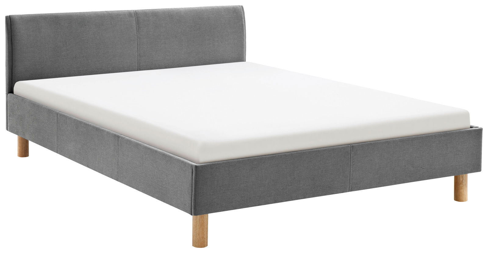 Graues Polsterbett mit Holzfüßen, seitliche Perspektive