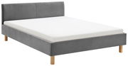 Graues Polsterbett mit Holzfüßen, seitliche Perspektive