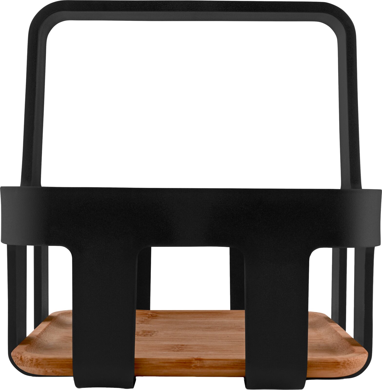 Zwarte lantaarn met handgreep en houten basis, productfoto van voren (frontaal aanzicht)