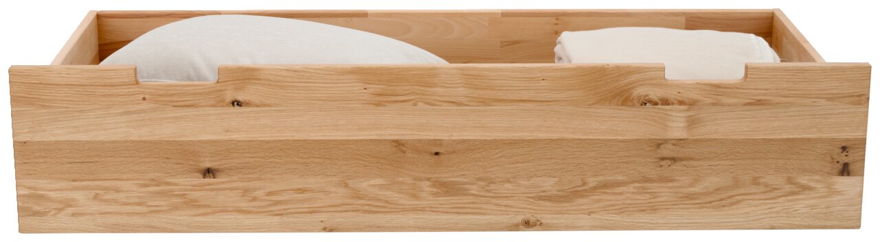 Holz-Bettschubkasten mit Kissen und Decke, frontale Ansicht