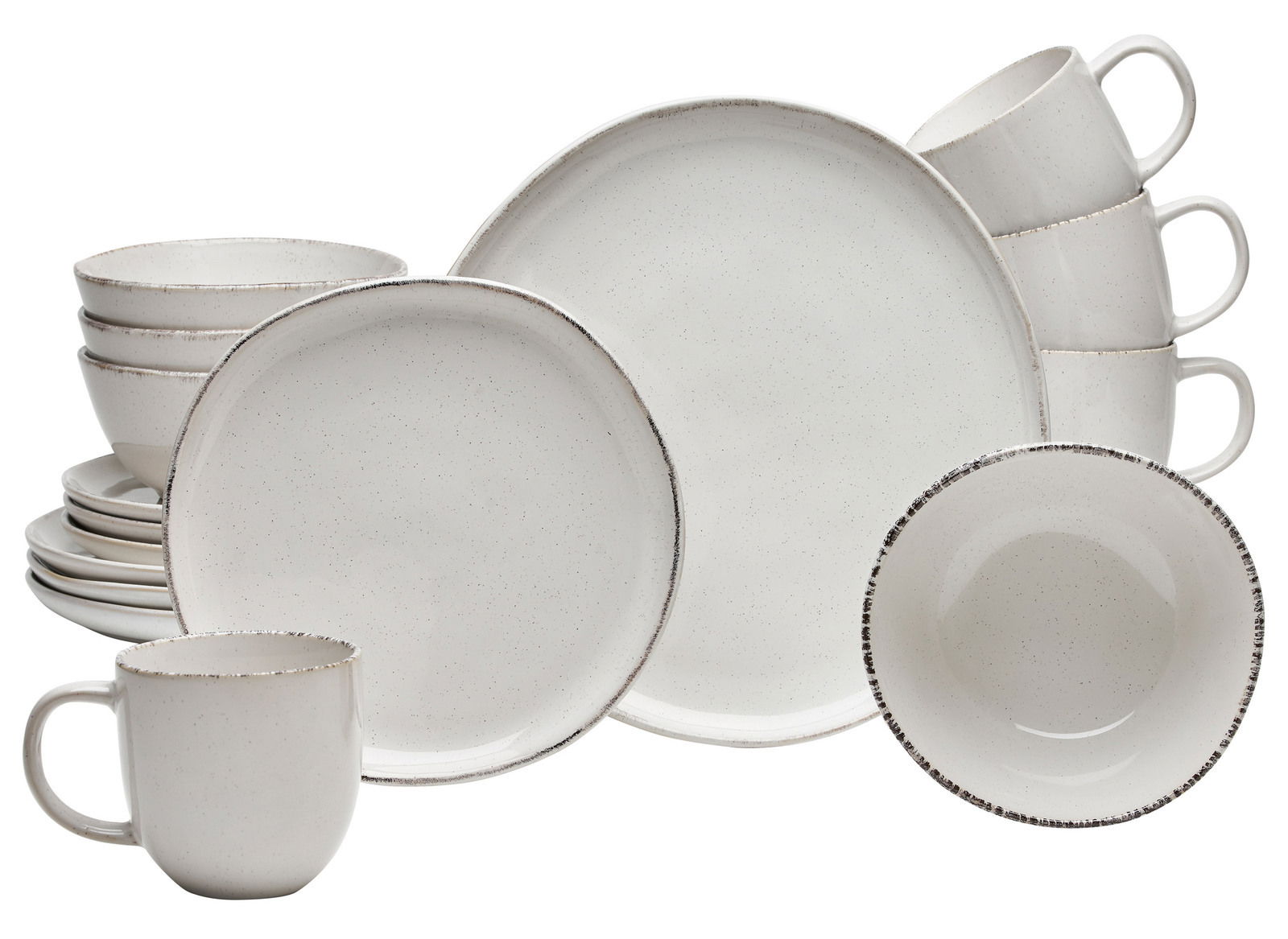 Kombiservice 16-tlg. in cremeweißer Keramik mit dezentem Sprenkelmuster, bestehend aus Tellern, Schalen und Tassen, seitliche Perspektive