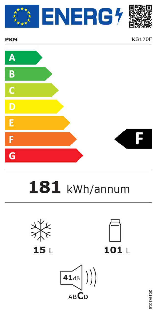 Energieeffizienzlabel für PKM KS120F Kühlschrank, Energieklasse F, jährlicher Energieverbrauch 181 kWh, Gefrierfach 15 Liter, Kühlfach 101 Liter, Lautstärke 41 dB, Frontalansicht.