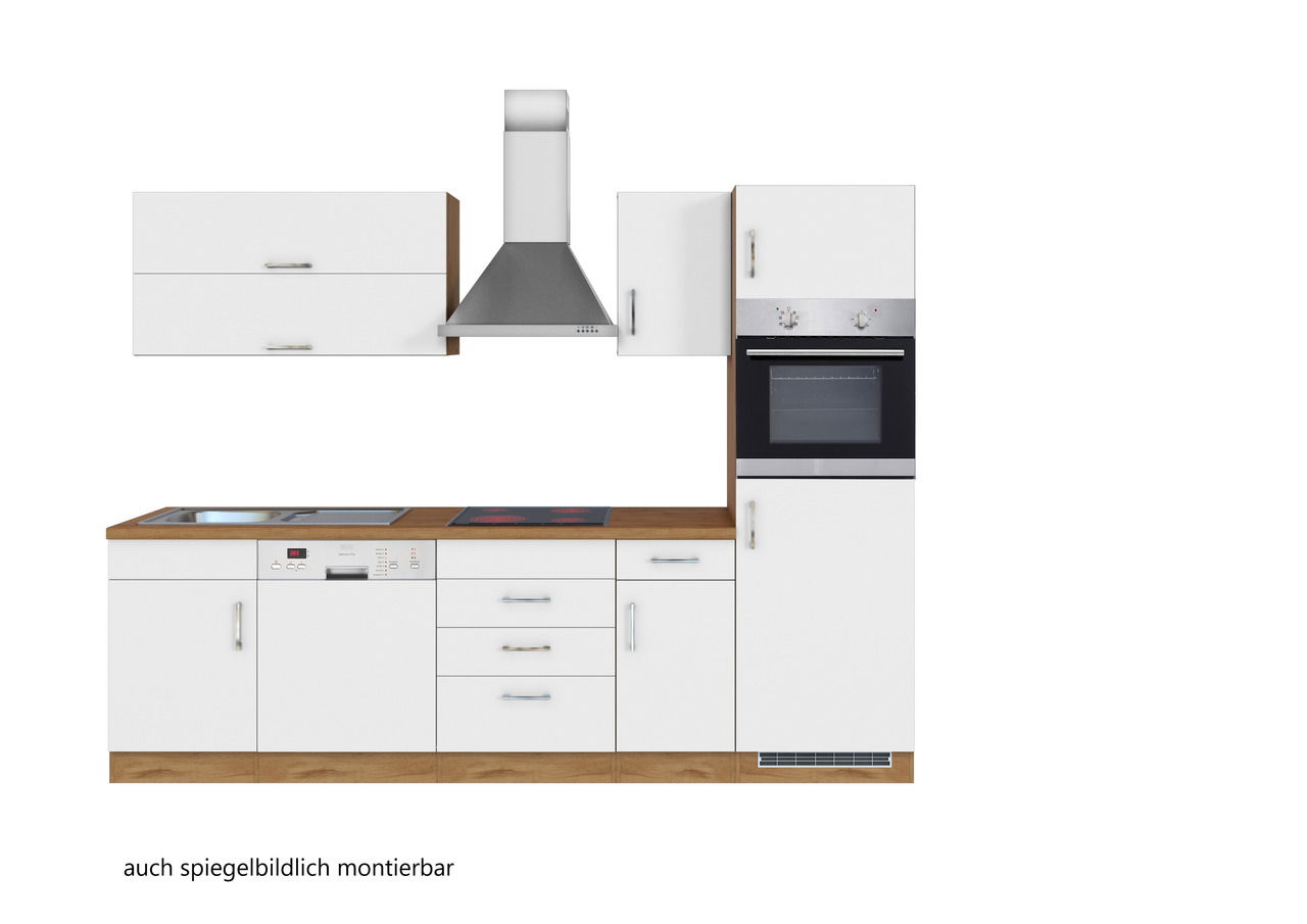 Moderne Küchenzeile in Weiß mit Holzarbeitsplatte, bestehend aus Hängeschränken, Herd, Backofen und Spüle, frontale Ansicht.