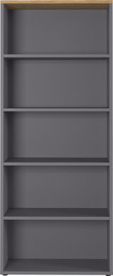 Frontale Ansicht eines grauen Aktenregals mit fünf Regalböden und einer Holzoberseite.