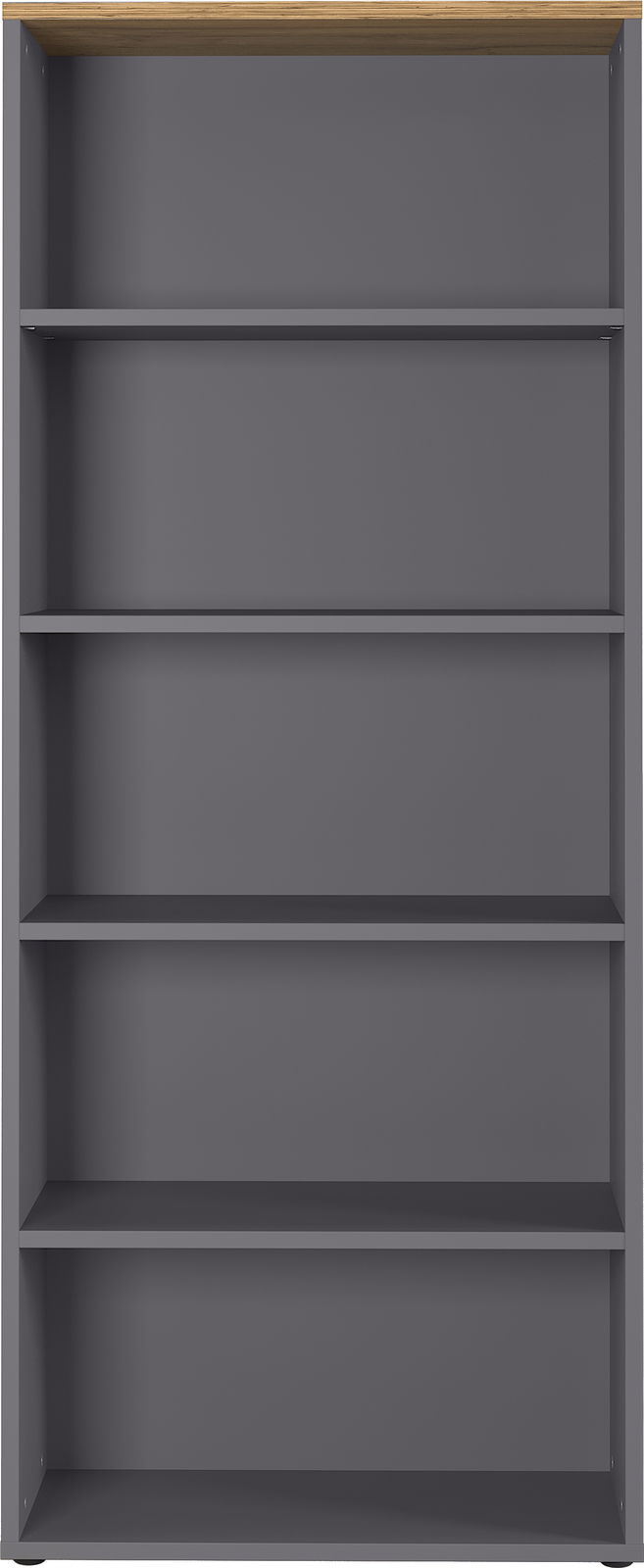 Frontale Ansicht eines grauen Aktenregals mit fünf Regalböden und einer Holzoberseite.