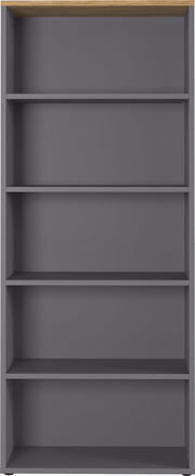 Frontale Ansicht eines grauen Aktenregals mit fünf Regalböden und einer Holzoberseite.