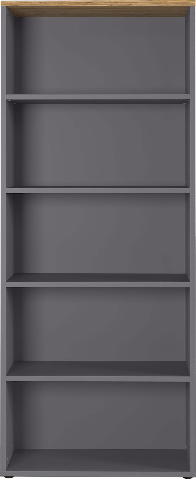 Frontale Ansicht eines grauen Aktenregals mit fünf Regalböden und einer Holzoberseite.