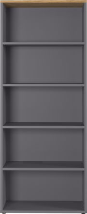 Frontale Ansicht eines grauen Aktenregals mit fünf Regalböden und einer Holzoberseite.