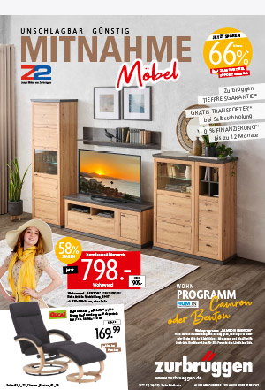 Wohnwand in Holzoptik mit Mitnahme-Möbeln und Rabattaktion bei Zurbrüggen.