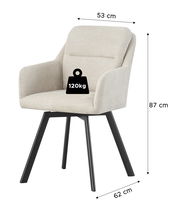 Beiger, gepolsterter Polsterstuhl mit Armlehnen und schwarzen Metallbeinen, Maße 53 cm Breite, 62 cm Tiefe, 87 cm Höhe, belastbar bis 120 kg, Ansicht schräg von vorne.