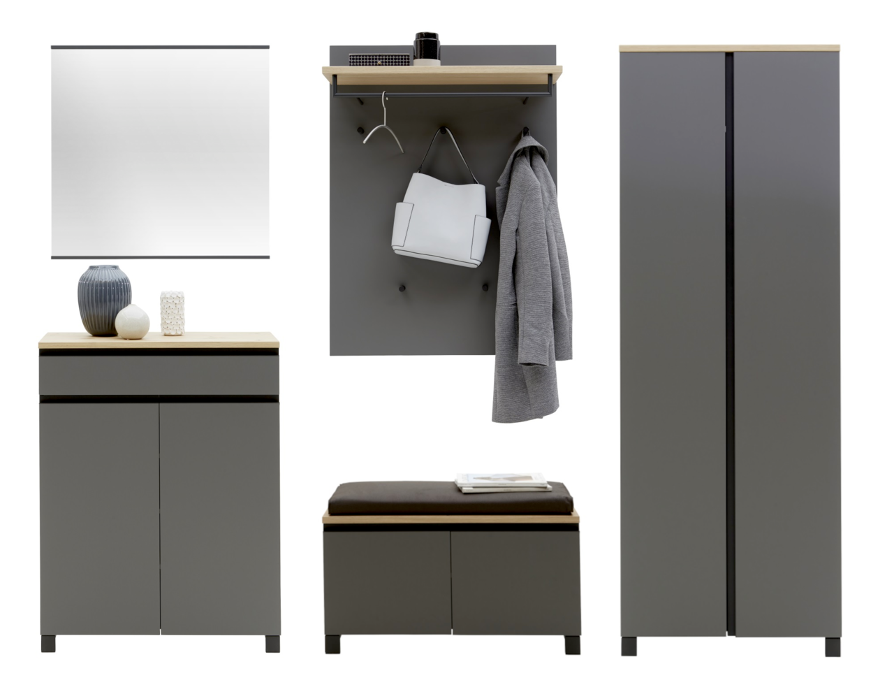 Dieter Knoll Garderoben-Set 6-tlg. SORRENT Garderoben-Set 6-tlg. in moderner grauer Farbe mit Holzdetails, bestehend aus einem Spiegel, einem Schrank, einer Sitzbank mit Polster, einem Hängeregal mit Kleiderhaken und einer Kommode. Frontalansicht.