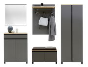 Garderoben-Set 6-tlg. in moderner grauer Farbe mit Holzdetails, bestehend aus einem Spiegel, einem Schrank, einer Sitzbank mit Polster, einem Hängeregal mit Kleiderhaken und einer Kommode. Frontalansicht.
