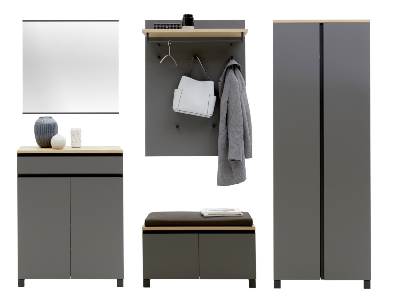 Dieter Knoll Garderoben-Set 6-tlg. SORRENT Garderoben-Set 6-tlg. in moderner grauer Farbe mit Holzdetails, bestehend aus einem Spiegel, einem Schrank, einer Sitzbank mit Polster, einem Hängeregal mit Kleiderhaken und einer Kommode. Frontalansicht.