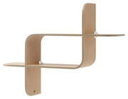 Modernes Wandregal aus hellem Holz mit geschwungenem Design, seitliche Perspektive