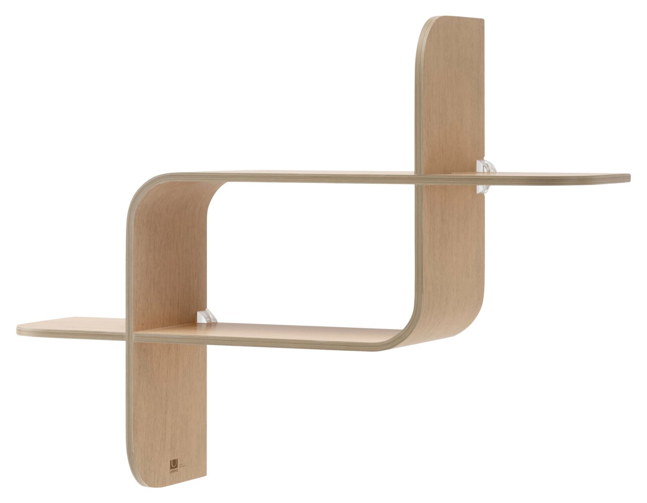 Modernes Wandregal aus hellem Holz mit geschwungenem Design, seitliche Perspektive