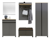 Garderoben-Set 6-tlg. in moderner grauer Farbe mit Holzdetails, bestehend aus einem Spiegel, einem Schrank, einer Sitzbank mit Polster, einem Hängeregal mit Kleiderhaken und einer Kommode. Frontalansicht.