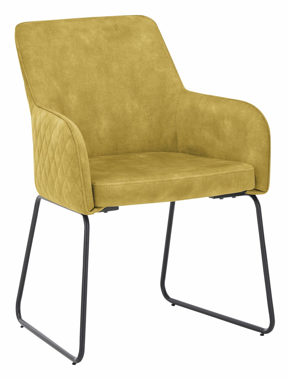 Gelber Kufenstuhl mit gepolstertem Sitz und Rückenlehne, seitliche Perspektive