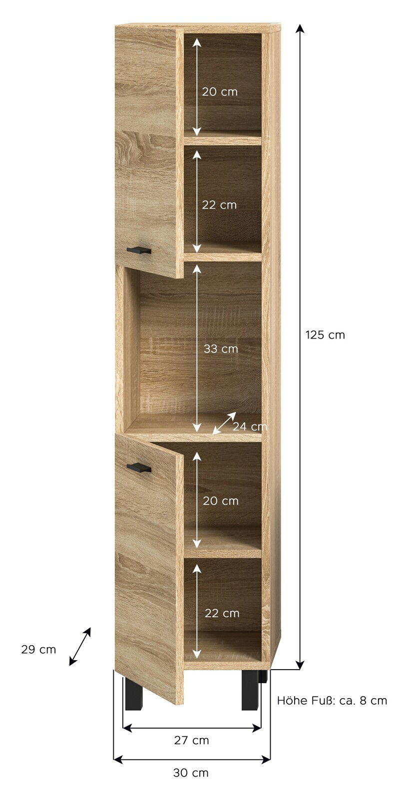 Badschrank aus Holz mit zwei Türen und mehreren Fächern, Gesamtmaße 125 cm hoch, 30 cm breit, 29 cm tief, Perspektive von vorne.