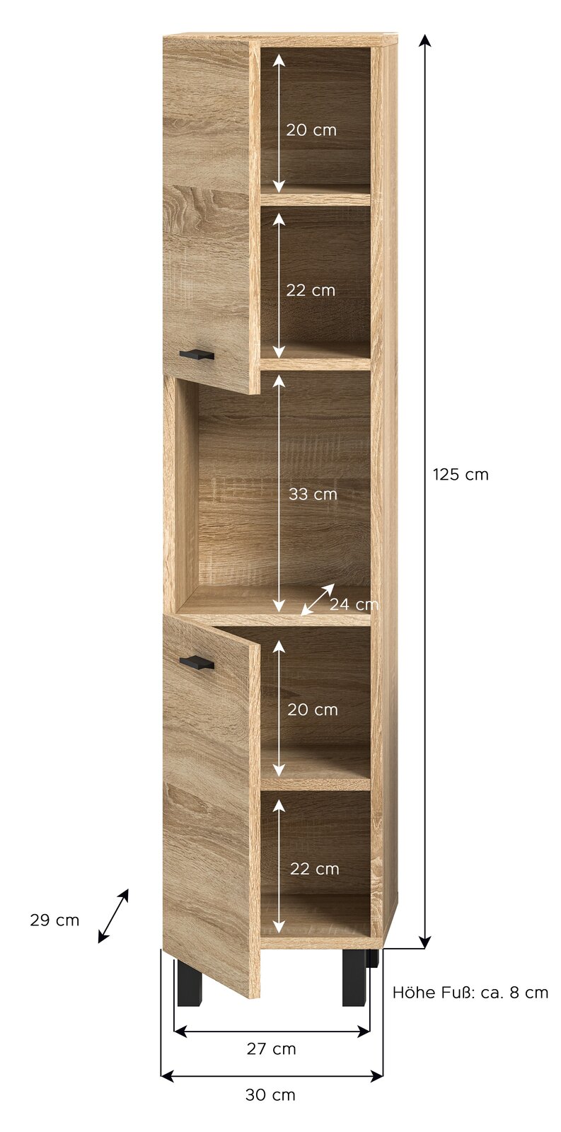 Badschrank aus Holz mit zwei Türen und mehreren Fächern, Gesamtmaße 125 cm hoch, 30 cm breit, 29 cm tief, Perspektive von vorne.