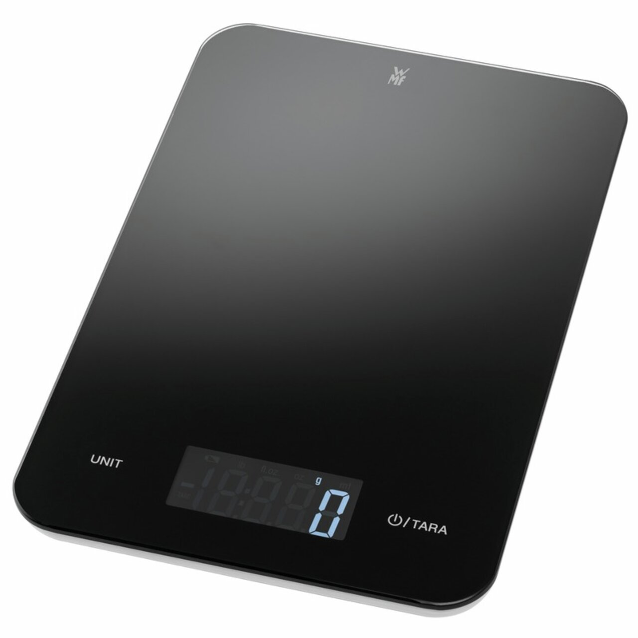 Digitale Küchenwaage in Schwarz mit moderner, flacher Oberfläche und gut lesbarem Display, Perspektive von oben.