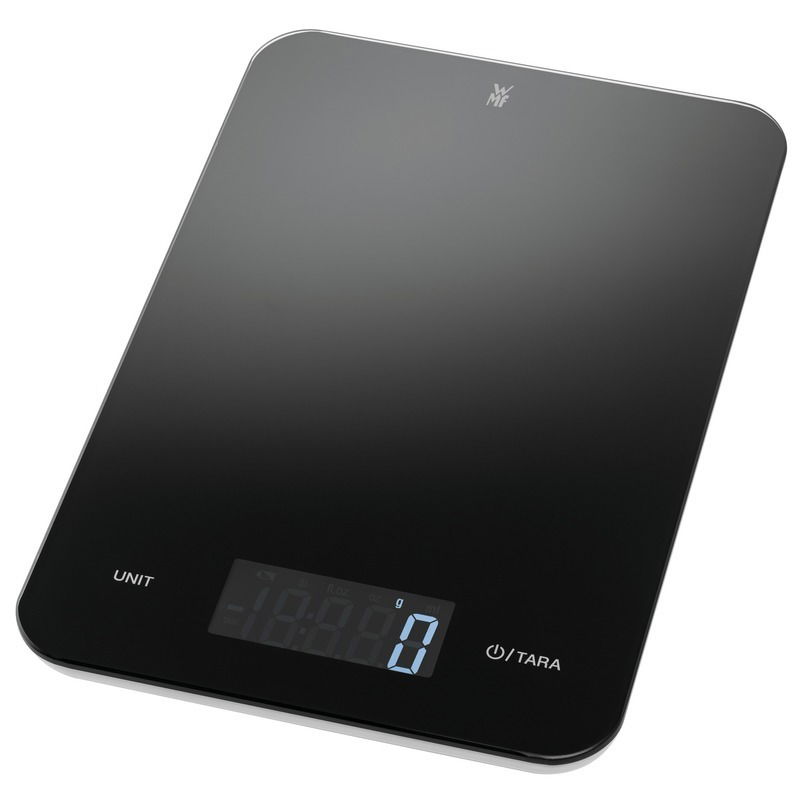 Digitale Küchenwaage in Schwarz mit moderner, flacher Oberfläche und gut lesbarem Display, Perspektive von oben.