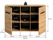 Offenes Sideboard aus Holzoptik mit zwei geöffneten Türen und sechs Fächern, Maße ca. 130 x 81 x 37 cm, Innenfachhöhen 24/24/26 cm, Belastbarkeit 10 kg oben und 5 kg je Fach, Frontansicht leicht schräg von vorn.